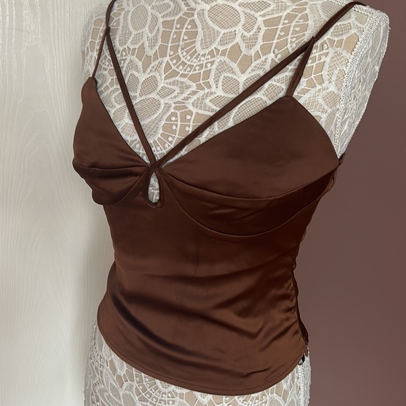 F21 Brown Satin Cut Out Tank Top - Picture 5 of 7